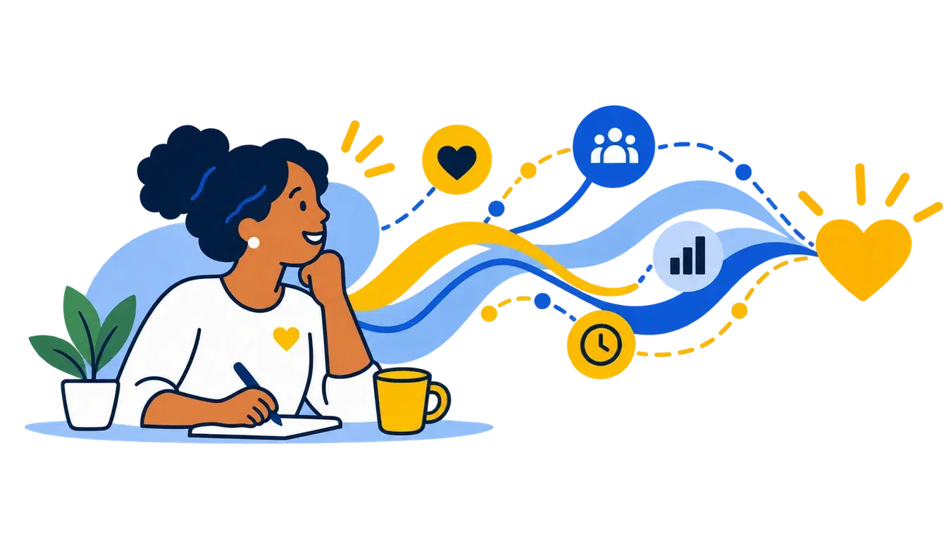 Illustration of a nonprofit leader writing at her desk, with a ribbon of icons for care, people served, results, and hours flowing from her toward a large heart