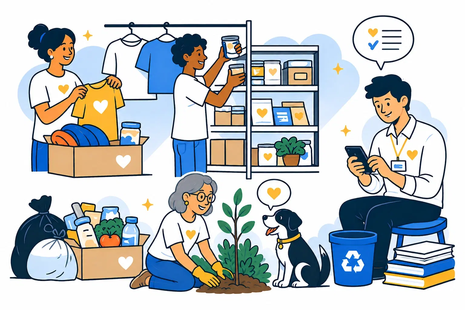Illustration of volunteers sorting donated clothing, stocking a food pantry, and planting a tree, with donation boxes, a recycling bin, and a staff member logging the work on a phone as a dog looks on