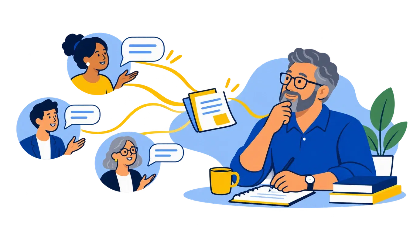 Illustration of a nonprofit staff member at his desk with a notebook and coffee, reading a report that flows to him from three volunteers speaking into chat bubbles